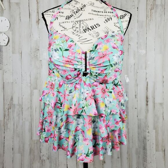 Collections by Catalina Floral Ruffled Swimsuit Top Pink Green Size 1x 16W - Picture 1 of 8